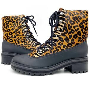 NEW Schutz Womens‎ 9.5 Mafalda Leopard Print Calf Hair Combat Boots Black Tan